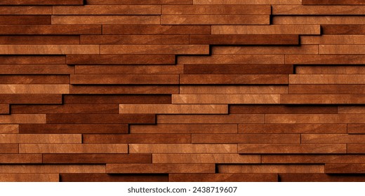 Close up of randomly shifted offset horizontal long and thin wooden rectangle blocks surface background texture or hardwood wallpaper template, 3D illustration
