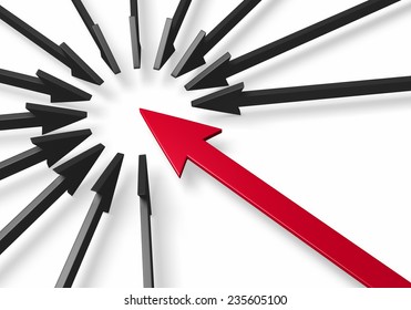 Close Up Of A Red Arrow Standing Out From And Breaking Into A Circle Formed By Several Black Arrows. Isolated On White. 