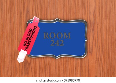 Close Up Of  Red No Blood Transfusion Medical Alert Wristband Hanging On Room Sign On Wood Door