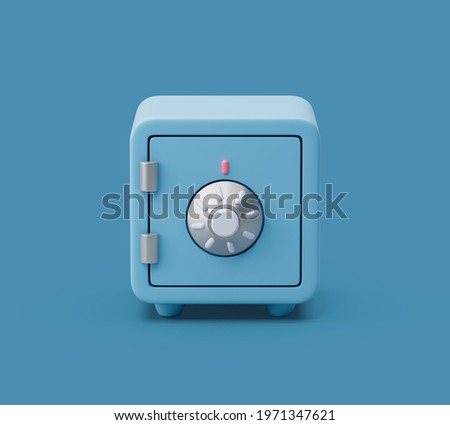 Close Safe box front view on blue pastel background with soft shadows. Simple 3d render illustration.