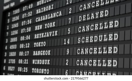 Close Up Screen With Flight Departure Board. Flights Are Cancelled Or Delayed. International Airport, Tourism And Travel Concept. 3D Illustration