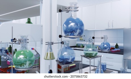 Close Up Shot Of Glass Flask With Color Liquid And Other Laboratory Equipment In Modern Scientific Research Lab. With No People Medical And Science Concept 3D Illustration From My Own 3D Rendering.