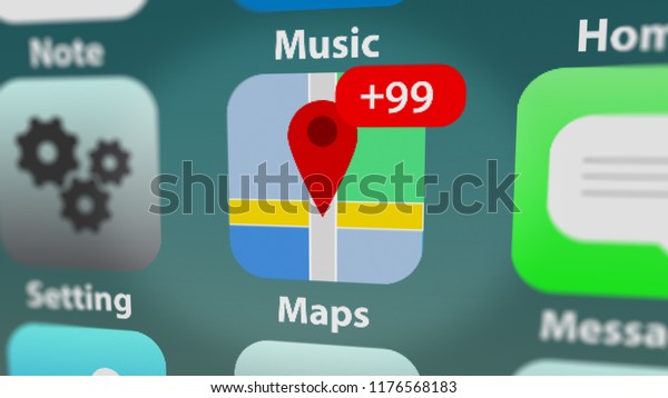 Close Up Shot of Maps App Icon with\
Notifications on Smart Phone Screen. 3D\
illustration.\
