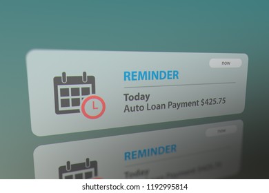 Close Up Shot Of Message App Icon With Notifications And Receive A Massage (Financial Transactions) On Smart Phone Screen. Car Loan Payment Reminder. 3D Illustration.
