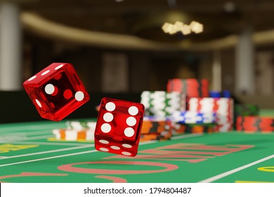 Close up shot of a pair of dice rolling down a craps table. Selective focus. Gambling concept. 3d illustration.