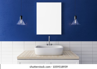 Close up of sink and lamps on blue wall background with empty poster. Mock up, 3D Rendering 