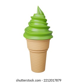 Close Up Soft Serve Ice Cream Of Green Tea Flavours On Crispy Cone.,3d Model And Illustration.