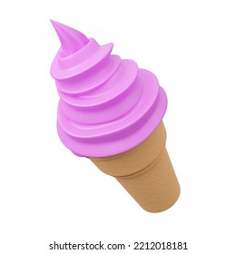 Close Up Soft Serve Ice Cream Of Strawberry Flavours On Crispy Cone.,3d Model And Illustration.