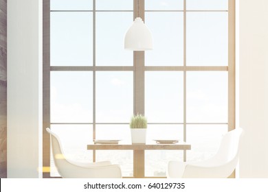 Close up of a square cafe table with two white chairs standing near a window and a dark wooden wall. 3d rendering, toned image