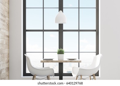 Close up of a square cafe table with two white chairs standing near a window and a light wooden wall. 3d rendering