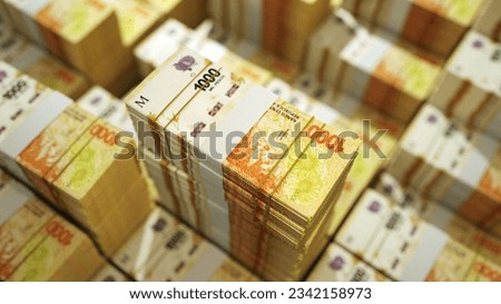 close up of stacks of Argentinian peso notes. 3d rendering on bundles of money