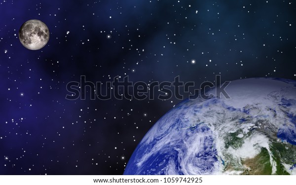 Close up of surface of the Earth with the moon in\
the galaxy graphic design background. Elements of this image\
furnished by NASA.