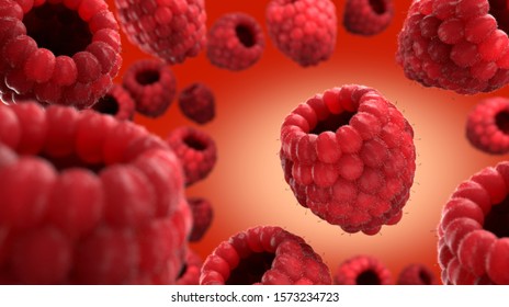 Close up sweeties raspberry background many berries. 3D rendering.