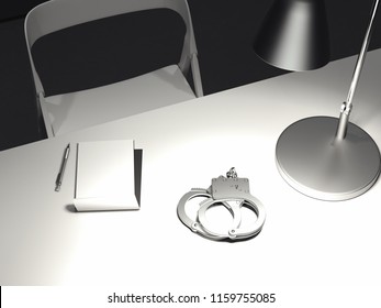 Close Up Of Table With Switched-on Lamp, Handcuffs And Paper Sheet Above In Dark Interrogation Room, 3d Rendering.
