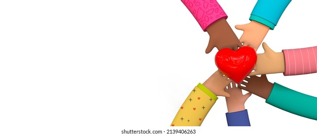 Close Up Top View Different People Hands With Heart, Friendship, Intercultural Communication, Interethnic Relations, Politics Of Difference. Trendy 3d Illustration On White Background