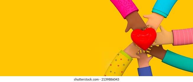 Close Up Top View Different People Hands With Heart, Friendship, Intercultural Communication, Interethnic Relations, Politics Of Difference. Trendy 3d Illustration On Yellow Background