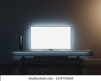 Close Up Of TV Set With Blank Screen Standing On TV Stand, 3d Rendering.