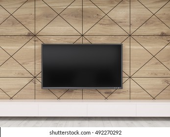 Close Up Of TV Set On Wooden Wall Hanging Above Bench In Office. Concept Of Waiting Room Interior In Luxury Establishment. 3d Rendering. Mock Up