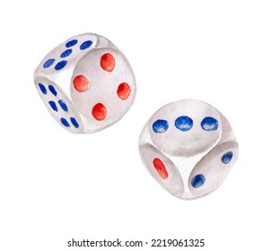 Close Up Two Watercolor Rolling Snake Eyes Dice With Blue And Red Markings, Isolated On White Background