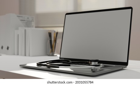 Close Up, Doctor Workspace With Stethoscope On Laptop Mockup In Blurred Doctor's Office In The Background, 3d Rendering, 3d Illustration