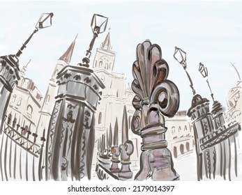 Close Up, Fisheye View Of An Iron Fleur De Lis In Jackson Square, French Quarter, New Orleans, With The St. Louis Cathedral Beyond. Hand Drawn Illustration. 