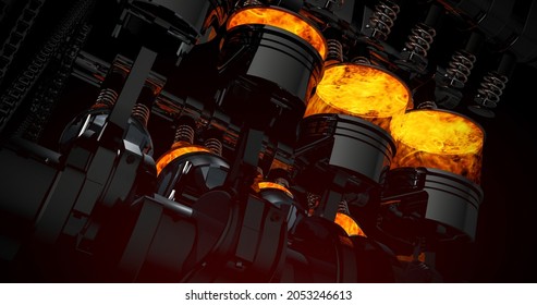 Close Up V8 Engine With Sparks, Explosions And Flames. Machines And Industry 3D Illustration Render.