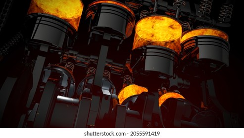 Close Up V8 Engine With Sparks, Explosions And Flames. Machines And Industry 3D Illustration Render.