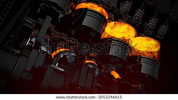 Close Up V8 Engine With\
Sparks, Explosions And Flames. Machines And Industry 3D\
Illustration\
Render.