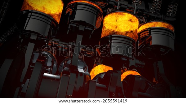 Close Up V8 Engine With\
Sparks, Explosions And Flames. Machines And Industry 3D\
Illustration\
Render.