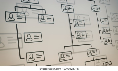 Close Up View Of A Company Organization Chart On A Whiteboard. Hand Drawn Style