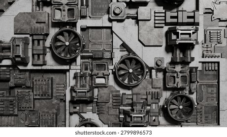 close view of a complex arrangement of gears, machinery parts, and various components on a flat surface. scene shows an industrial design with many textures and shapes. 3d render.