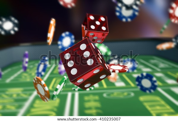 close up view of a craps table with dices and\
fiches (3d render)