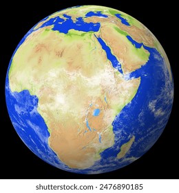 Close view of the earth from space showing South Sudan in the center of the image. Globe that shows one hemisphere of our planet. Light clouds cover parts of the earth.