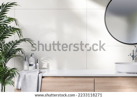 Close up view of empty modern contemporary sink counter in the bath room for copy space 3d render There are wooden counter and white tile wall decorated with white palm tree