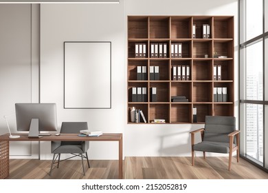 Close Up View On Bright Office Interior With Empty White Poster, Panoramic Windows, Desk With Computer, Shelf, Armchair And Hardwood Floor. Concept Of Place For Working Process. Mock Up. 3d Rendering