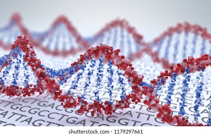 Close up view on spiral DNA molecules. 3D rendered illustration. - Shutterstock ID 1179297661
