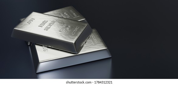 Close Up View Of Silver Bars Or Ingots In Bank Vault Background. Precious Metal.3D Illustration 