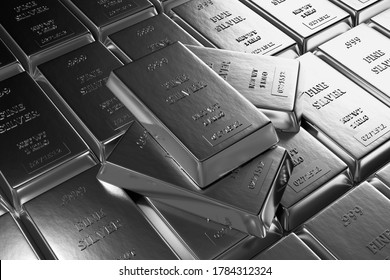 Close Up View Of Silver Bars Or Ingots In Bank Vault Background. Precious Metal.3D Illustration 