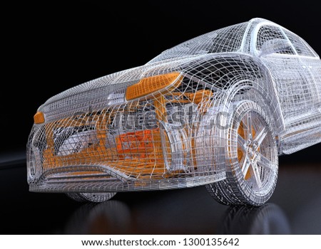 Close up view of silver and yellow wire frame of electric SUV on black background. 3D rendering image.