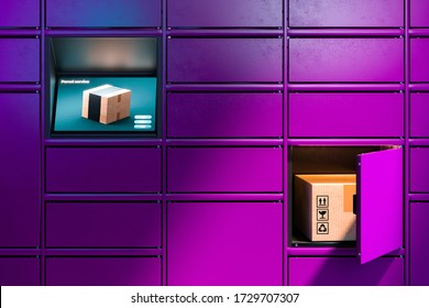 Close up Of Violet or Purpur Colored Self-Service Post Terminal Machine and One Open Locker With Parcel Inside. 3d rendering.