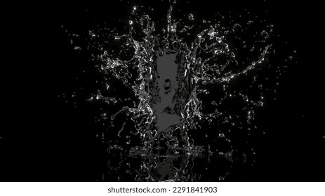 Close up water Liquid Splash for mock up copy space bottle isolate on black background. 3D Rendering.