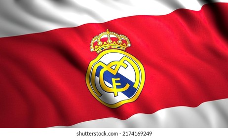 Close up of waving flag with Madrid football club logo. Motion. Waving flag with Madrid football team logo. For editorial use only.