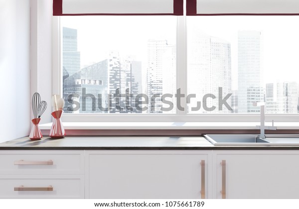 Close White Kitchen Countertop Built Sink Interiors Stock Image