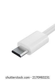 Close Up Of White Micro USB Data Cable Isolated On White Background Illustration. Cord Connection. Charger Usb Data Cable. 3D Illustration. White Micro Usb Connector HQ 3d Render. Hd Tech Rendering