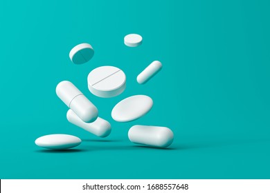 Close up of white pills or aspirin tablets on green background with pharmacy and medical concept. White capsule or drugs. 3D rendering.