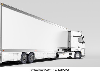 Close up Of White Semi Truck With Empty Space On Refrigerator For Long Haul Delivery on White Background. 3d rendering