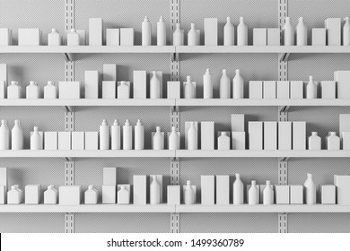 Close up of white supermarket shelves with products in mock up bottles and boxes. Concept of trade and business. 3d rendering