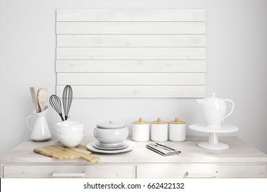 Close Up Of A White Wooden Kitchen Counter With A Cutting Board, Kitchenware, Utensils. 3d Rendering Mock Up