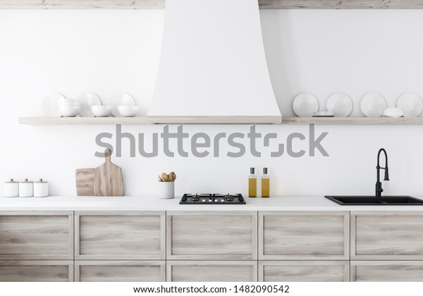 Close Wooden Kitchen Countertop Built Sink Stock Illustration