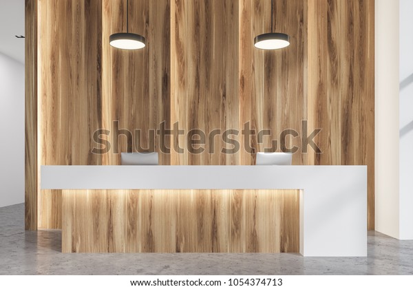 Close Wooden White Reception Desk Standing Stock Illustration